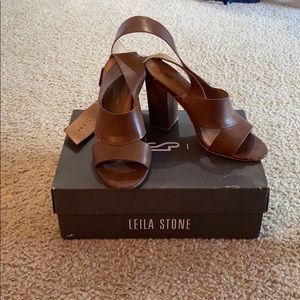 Leila Stone Brown Wrap and Buckle Open-Toe Heels